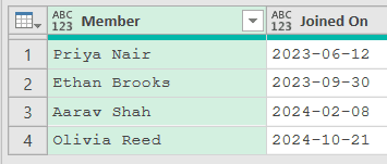 Members table with a Member and a Joined On text-date column
