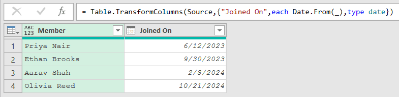 The Joined On column converted to dates: 6/12/2023, 9/30/2023, 2/8/2024, 10/21/2024