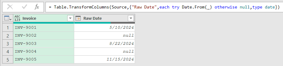 The Raw Date column with try/otherwise: good dates convert, N/A and pending become null