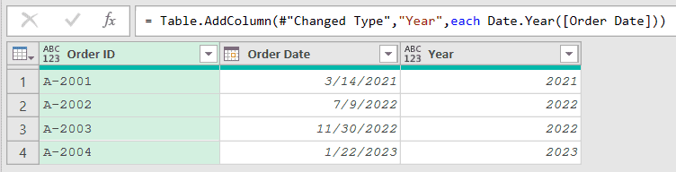 A new Year column added with Date.Year showing 2021, 2022, 2022, 2023