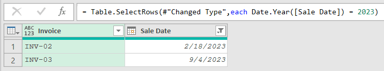 Rows filtered to only the 2023 sales