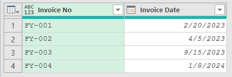 Invoices table with an Invoice No and an Invoice Date column