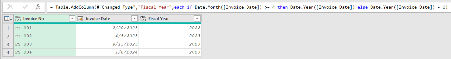 A Fiscal Year column computed with Date.Year and Date.Month