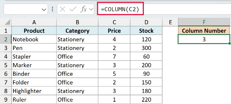Excel formula =COLUMN(C2) in the formula bar returning 3 in cell F2, representing the column index of C2