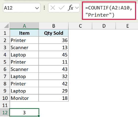 Excel formula bar showing COUNTIF function counting Printer in range A2:A10, with result 3 in cell A12