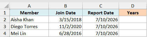 Excel data table with columns for Member, Join Date, and Report Date to calculate tenure in years