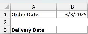 Excel table showing Order Date 3/3/2025 in cell B1 and empty Delivery Date label in cell A3 for ex1 data