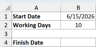 ex1 data: Excel table showing Start Date 6/15/2026, 10 Working Days, and an empty cell for Finish Date