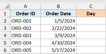 Excel data table with columns for Order ID, Order Date, and an empty Day column for extracting date values