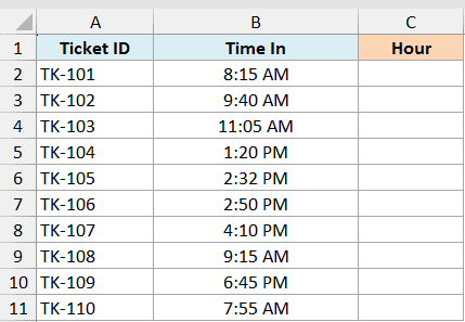 ex1 data showing Excel columns for Ticket ID, Time In, and an empty Hour column for extraction examples