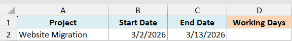 Ex1 data showing Excel columns for Project, Start Date, End Date, and Working Days with sample project dates