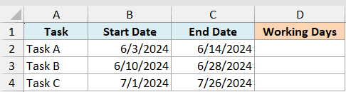 ex1 data showing an Excel table with columns for Task, Start Date, End Date, and empty Working Days cells