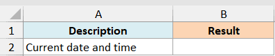 Ex1 data showing Excel table headers Description and Result with Current date and time in cell A2