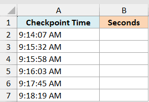 ex1 data showing Excel table with Checkpoint Time in column A and empty Seconds column B