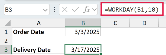 Excel formula bar showing =WORKDAY(B1,10) with cell B3 calculating a delivery date of 3/17/2025 from order date 3/3/2025