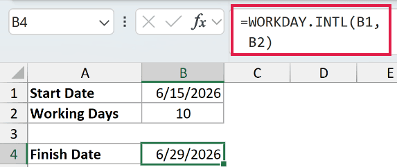 Excel formula bar showing =WORKDAY.INTL(B1, B2) with cell B4 selected, referencing start date and working days count