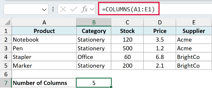 Excel formula =COLUMNS(A1:E1) highlighted in the formula bar, returning a count of 5 for the range A1 through E1