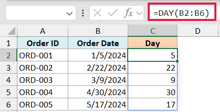 Excel formula =DAY(B2:B6) in the formula bar, extracting day numbers from dates in column B into column C
