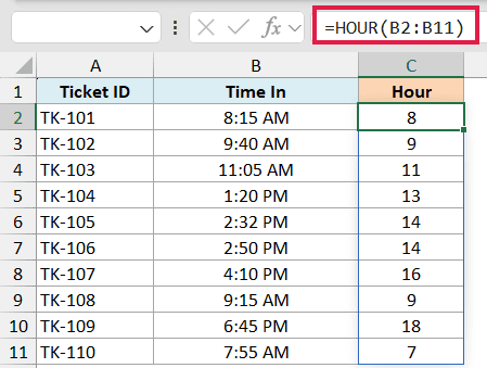Excel formula =HOUR(B2:B11) applied to a column of times to extract the hour into column C