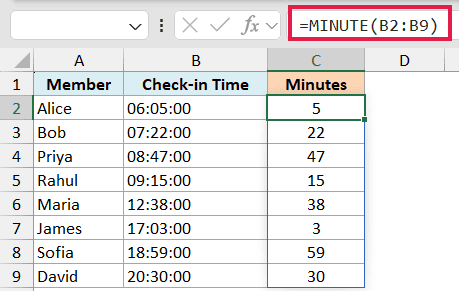 Excel formula =MINUTE(B2:B9) in the formula bar, extracting minute values from a list of check-in times in column B