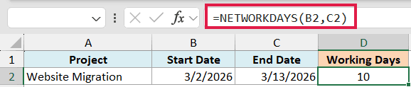 Excel formula bar showing =NETWORKDAYS(B2,C2) to calculate working days between dates in cells B2 and C2