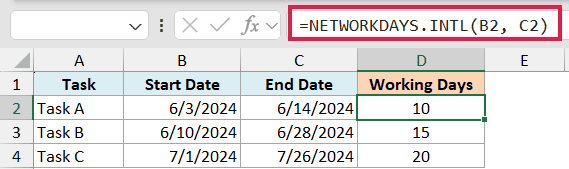 Excel formula bar showing =NETWORKDAYS.INTL(B2, C2) applied to calculate working days between start and end dates