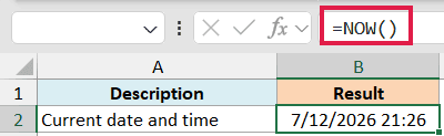 Excel formula bar showing =NOW() function with result 7/12/2026 21:26 in cell B2