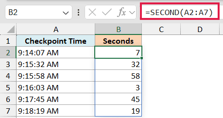 Excel formula =SECOND(A2:A7) in the formula bar, extracting seconds from column A times into column B
