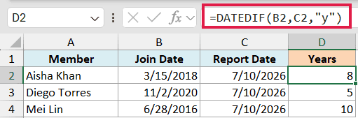 Excel formula bar showing =DATEDIF(B2,C2,"y") to calculate years between join date and report date in a table
