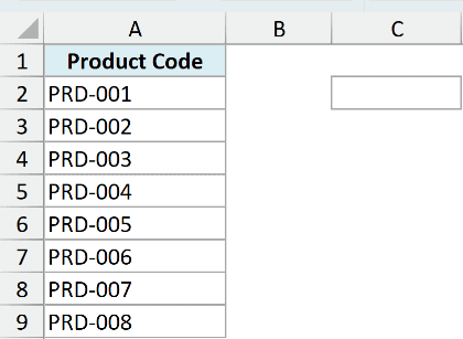 ex1a dataset showing a column of product codes from PRD-001 to PRD-008 in an Excel spreadsheet