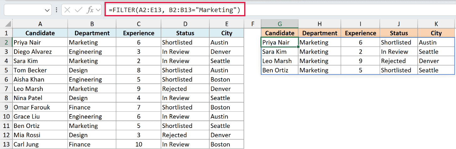 Excel formula bar showing FILTER function to extract rows from the Marketing department into a new table range