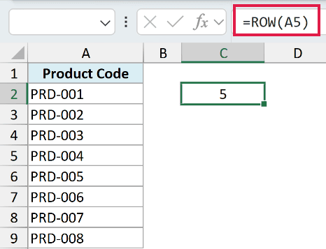 Excel formula bar showing =ROW(A5) highlighted in red, with cell C2 displaying the result 5