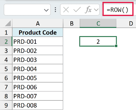 Excel formula bar showing =ROW() with cell C2 displaying the result 2 next to a list of product codes in column A