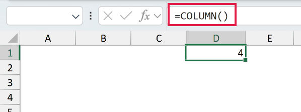 Excel formula bar showing =COLUMN() with cell D1 displaying the result 4