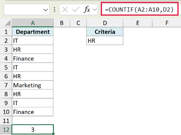Excel formula bar showing =COUNTIF(A2:A10,D2) to count HR occurrences in a department list using cell reference D2
