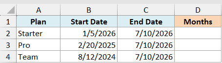 Excel table with Plan, Start Date, and End Date columns for Starter, Pro, and Team plans to calculate months via DATEDIF