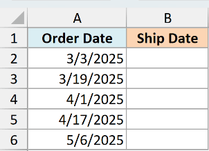 Excel table showing ex2 data with Order Date column containing dates in March, April, and May 2025 and empty Ship Date
