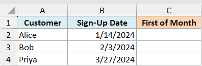 Ex2 data showing an Excel table with columns for Customer, Sign-Up Date, and an empty First of Month column