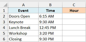 Excel table showing event names in column A and corresponding times in column B, with an empty Hour column C