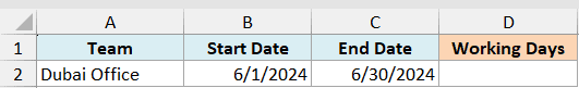 Ex2 data showing columns for Team, Start Date, End Date, and Working Days for the Dubai Office in June 2024