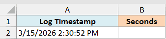 Excel table with Log Timestamp in cell A1 and Seconds in B1, showing date and time 3/15/2026 2:30:52 PM in cell A2