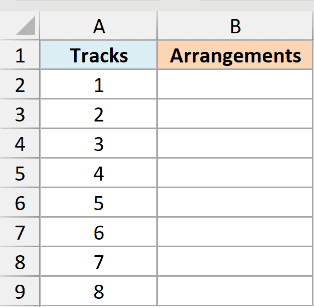 A dataset in Excel with the number of tracks in a playlist listed from 1 to 8, and an empty Arrangements column.