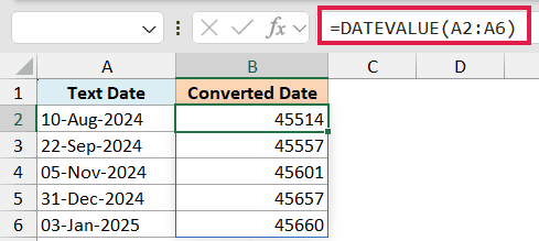 Excel formula bar showing =DATEVALUE(A2:A6) to convert text dates in column A to serial numbers in column B