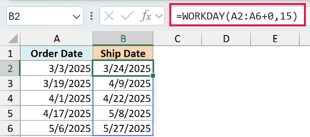 Excel formula bar showing WORKDAY function applied to a column of order dates to calculate ship dates