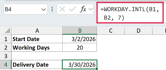 Excel formula bar showing WORKDAY.INTL function with start date B1, 20 working days, and weekend code 7