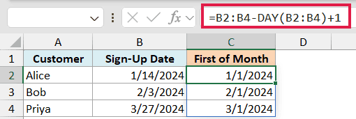 Excel formula =B2:B4-DAY(B2:B4)+1 in the formula bar, calculating the first day of the month for dates in column B