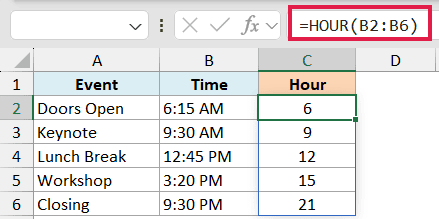 Excel formula bar showing =HOUR(B2:B6) with results extracted from time values in column B to column C