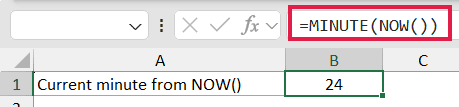 Excel formula bar highlighted with =MINUTE(NOW()) returning 24 in cell B1