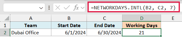 Excel formula bar showing =NETWORKDAYS.INTL(B2, C2, 7) calculating working days for a date range in a spreadsheet