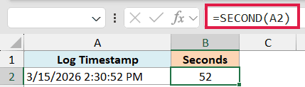 Excel formula bar showing =SECOND(A2) to extract 52 seconds from the timestamp in cell A2